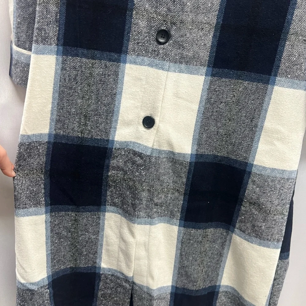 Flannel Plaid Shacket Buttondown Dress Long Coat Navy White Tartan Medium - Picture 6 of 7